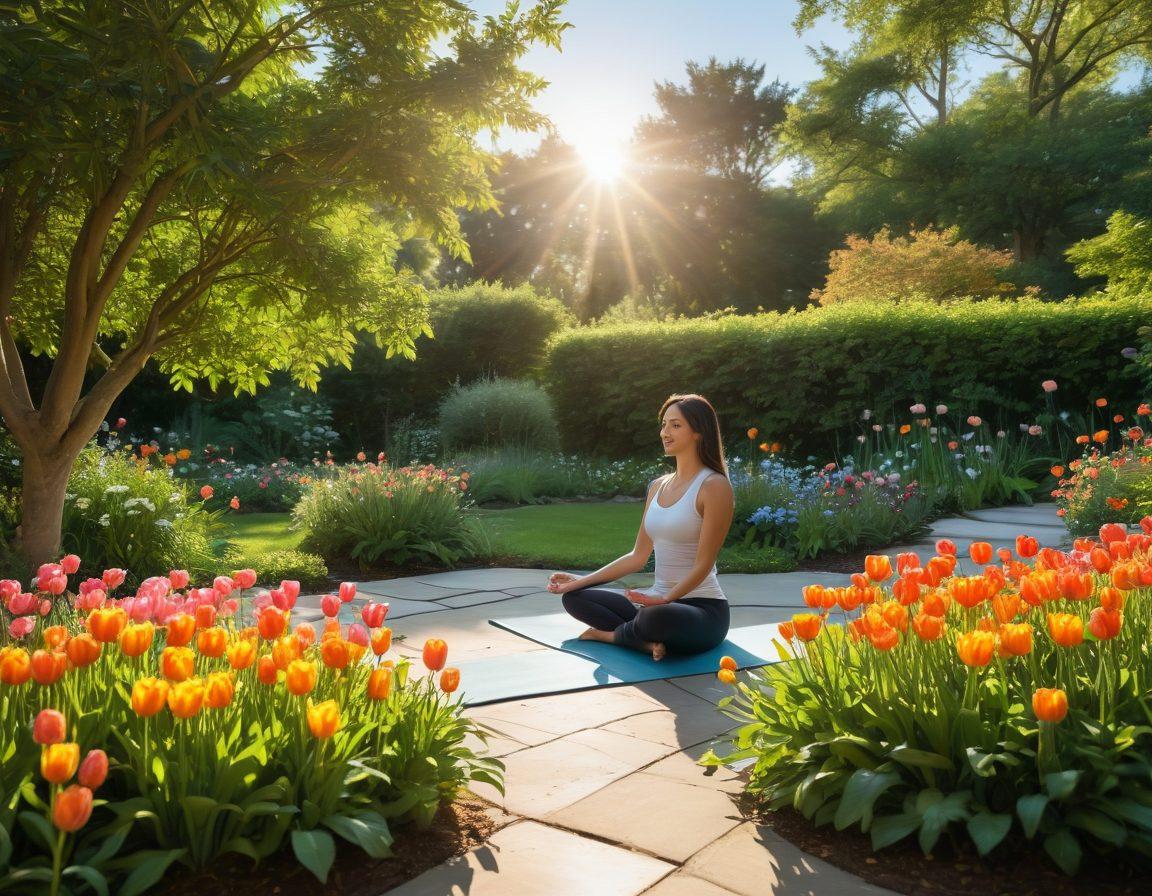A serene garden scene filled with colorful flowers and lush greenery, embodying joy and tranquility. Include a diverse group of people practicing yoga, meditating, and laughing together, exuding emotional wellness and connection. Incorporate elements like a clear blue sky and soft sunlight to enhance the feeling of happiness. super-realistic. vibrant colors. peaceful atmosphere.