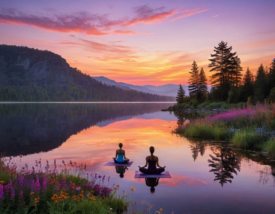 A serene landscape featuring a tranquil sunset over a calm lake, with silhouettes of people practicing mindfulness and yoga. Include vibrant wildflowers in the foreground to symbolize positive emotions and renewal. The sky should be painted in warm hues of orange, pink, and purple, reflecting an atmosphere of emotional wellness. super-realistic. vibrant colors. peaceful ambiance.