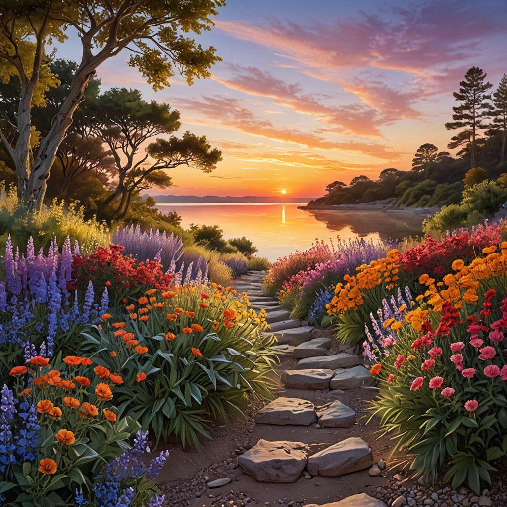 A serene landscape depicting a journey from a joyful sunrise to a tranquil sunset. Incorporate vibrant flowers representing elation on one side, gradually transitioning to calm waters and soft, muted colors symbolizing contentment on the other. Include a winding path guiding viewers through this transformation, with gentle light flares enhancing the sense of peace. super-realistic. vibrant colors. soft focus.